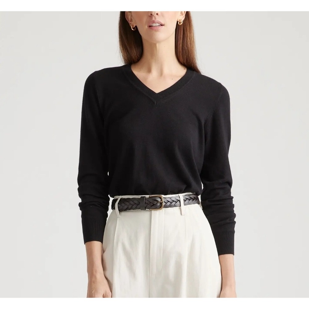 Quince Womens XS NWOT Cotton Cashmere V-Neck Sweater Black Lightweight Minimal